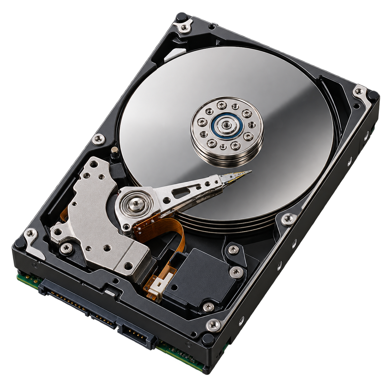 Otevřený HDD s plotnami a čtecím raménkem