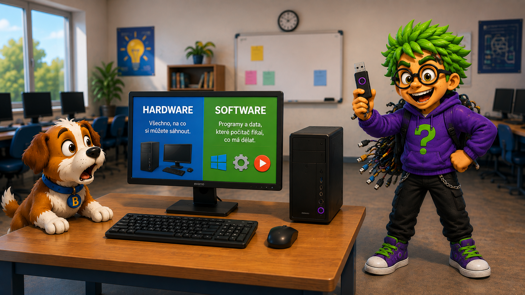 Bajtík a Bugouš u počítače při vysvětlování rozdílu mezi hardwarem a softwarem.