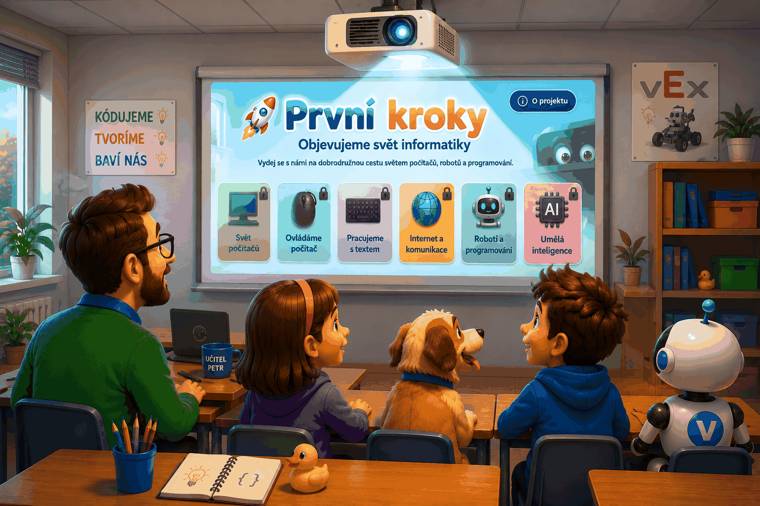 Projektor promítá velký obraz na plátno, který sleduje celá třída
