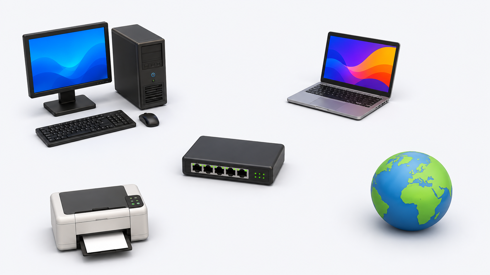 Stolní počítač, notebook, tiskárna, switch a Internet připravené k propojení
