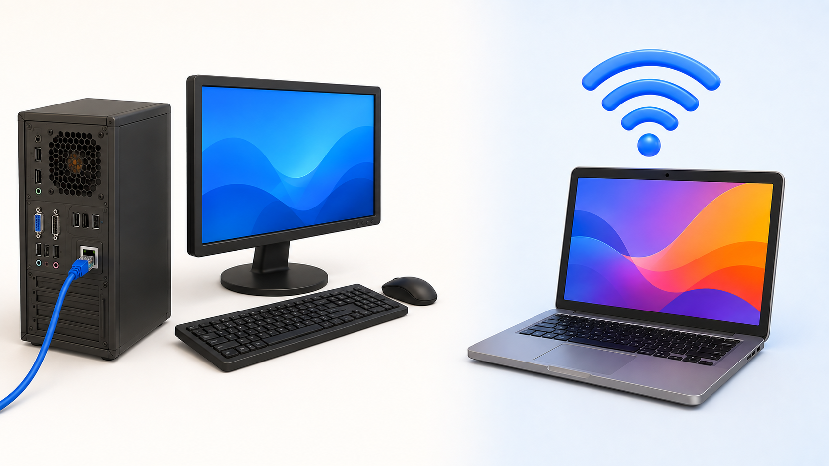 Stolní počítač připojený síťovým kabelem a notebook připojený bezdrátově pomocí Wi-Fi