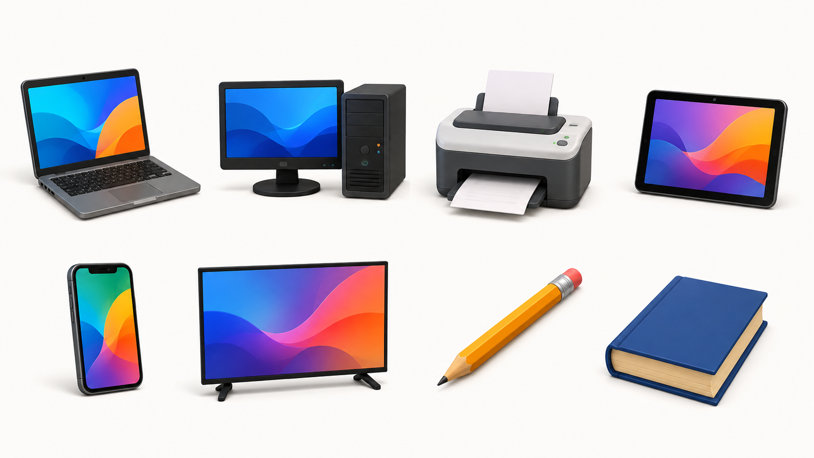 Osm předmětů: notebook, stolní počítač, tiskárna, tablet, telefon, chytrá televize, tužka a kniha