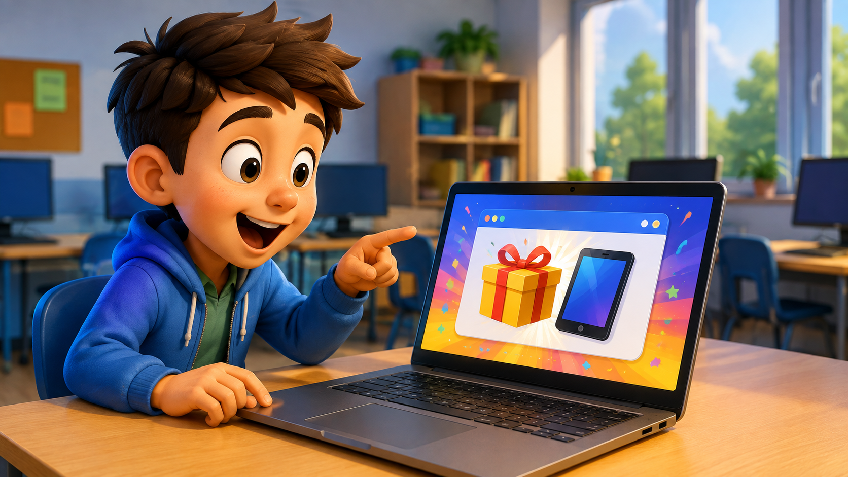 Matěj u notebooku s lákavou zprávou o výhře tabletu